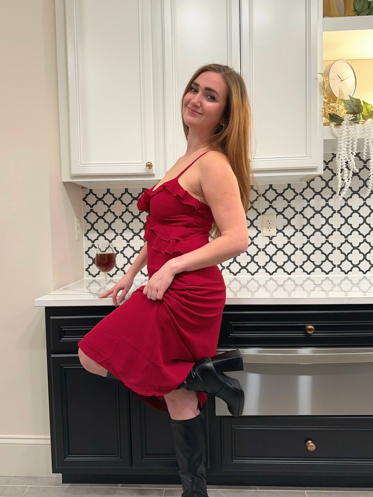 Rose To The Occasion Rosette Detailed Ruffled Midi Dress