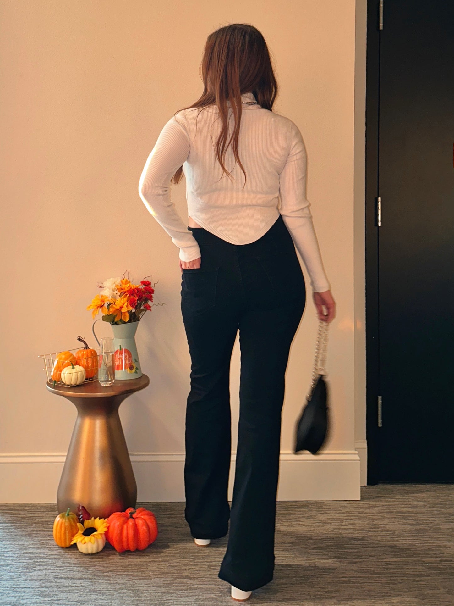 On Trend Overlapped Waist Band Pull On Flare Pants (Black)