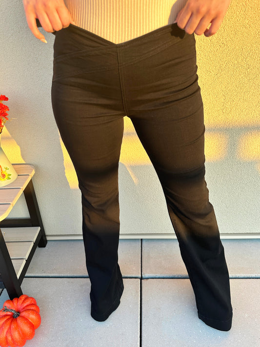 On Trend Overlapped Waist Band Pull On Flare Pants (Black)