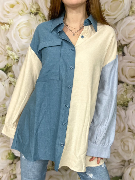Jackie Color Block Button Up (Blue)