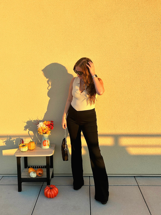 On Trend Overlapped Waist Band Pull On Flare Pants (Black)