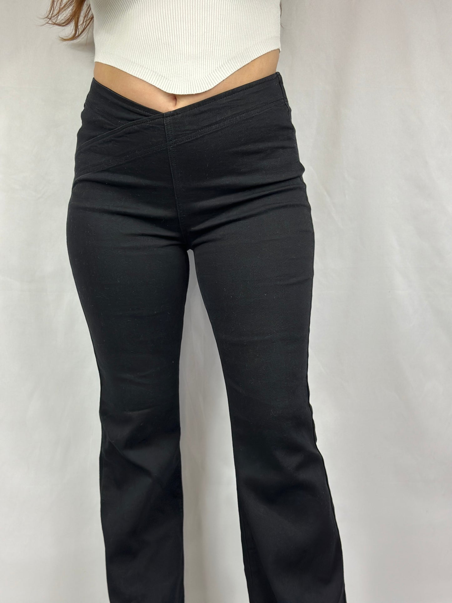 On Trend Overlapped Waist Band Pull On Flare Pants (Black)