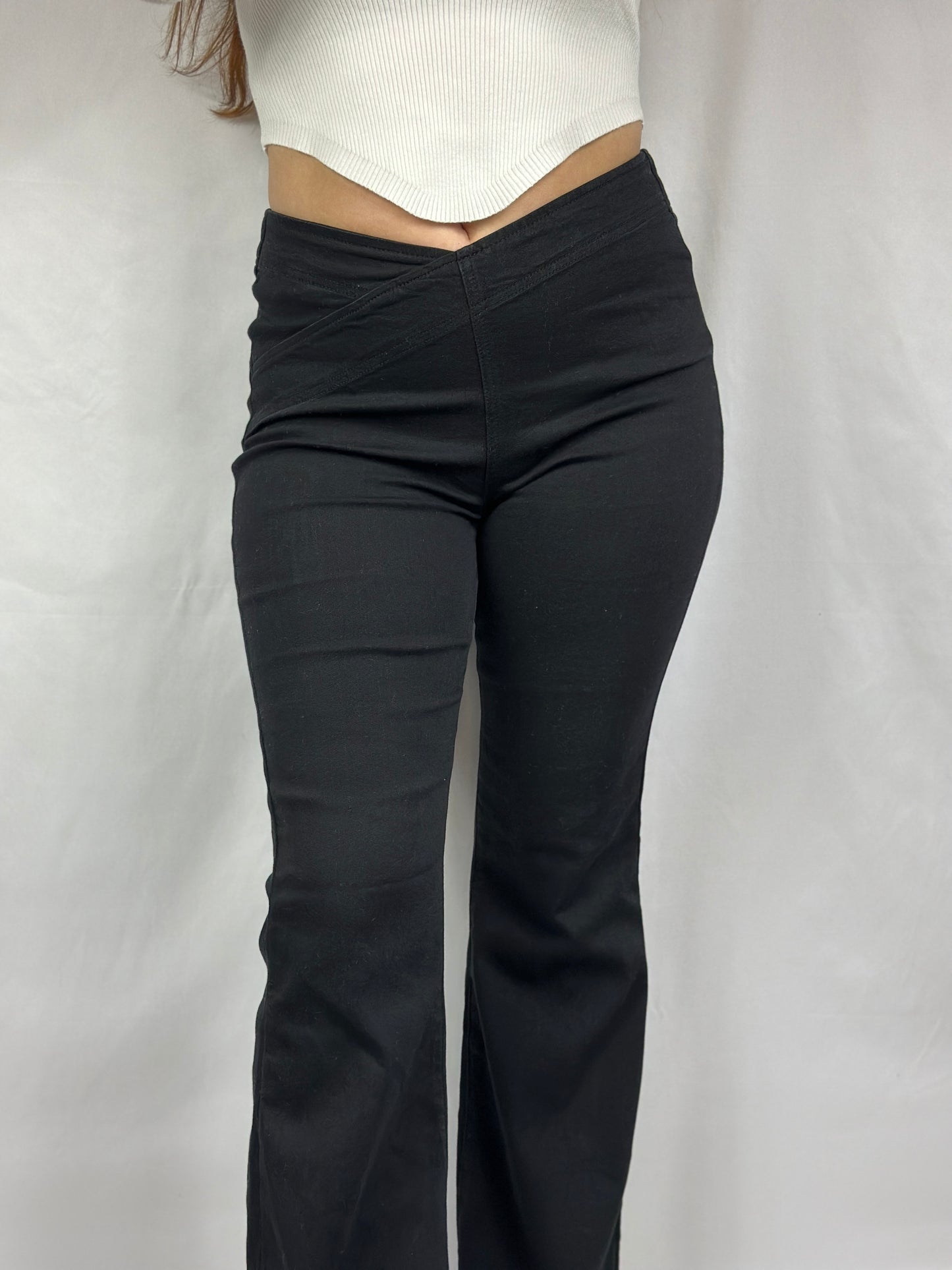 On Trend Overlapped Waist Band Pull On Flare Pants (Black)