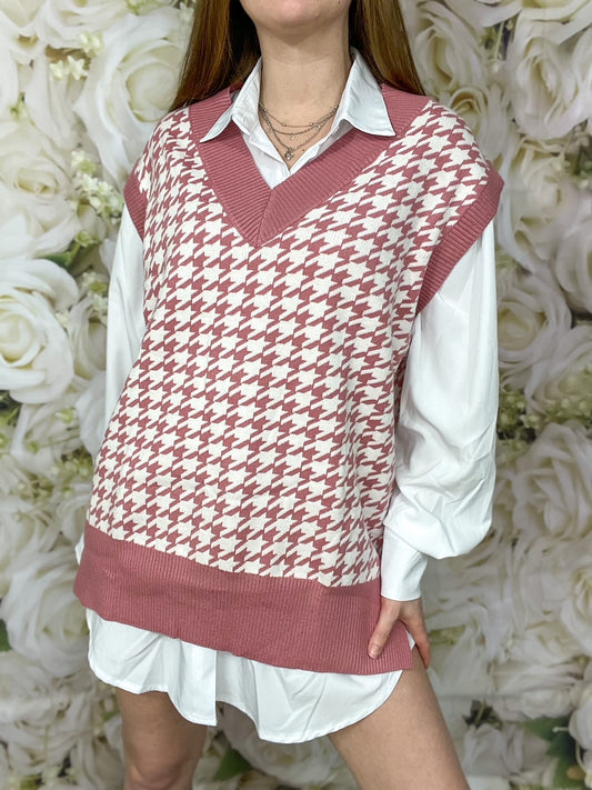 Carrie Houndstooth Sweater Vest (Pink)